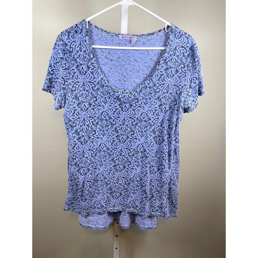 Fresh Produce T-Shirt Women's Large Purple Damask Print Slub Knit Scoop Neck USA
